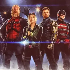 Grupa bohaterów z filmu "Thunderbolts*", w tym Yelena Belova, Red Guardian, Bucky Barnes i Taskmaster, gotowa do akcji.