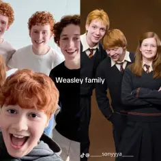 Porównanie prawdziwej rodziny z rudymi włosami z obsadą Weasleyów z Harry'ego Pottera.