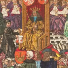 Król w złotej szacie siedzi na tronie, otoczony przez dworzan. Obraz, choć pełen splendoru, przypomina nieco paszkwil przez swoje stylizowane postacie.