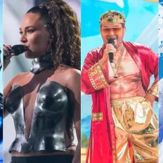 Czterech artystów w barwnych strojach, reprezentujących różne miejsca Polski na Eurowizji, śpiewa na scenie.