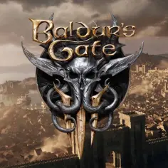 Logo Baldur's Gate z czaszką i mieczami na tle mglistego miasta i portu.