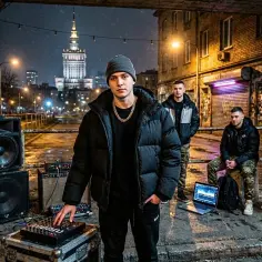 Młodzi mężczyźni z DJ-skim sprzętem i głośnikami na tle nocnej Warszawy.