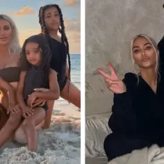 Kim Kardashian z dziećmi na plaży i w domu. Uśmiechnięte twarze i gesty pokoju.