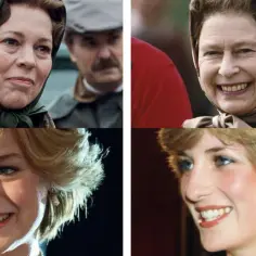 Porównanie aktorek z serialu "The Crown" z prawdziwymi postaciami. Widzimy Olivię Colman i Emmę Corrin obok Królowej Elżbiety II i Diany.