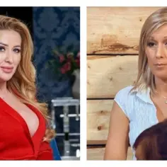 Sylwia Peretti w dwóch odsłonach: po lewej w czerwonym stroju, po prawej w białej bluzce.
