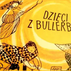 Okładka książki "Dzieci z Bullerbyn" z rysunkami dzieci w słonecznym otoczeniu.