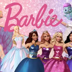 Barbie i jej przyjaciółki w balowych sukniach, gotowe na przygodę z Barbie filmów.