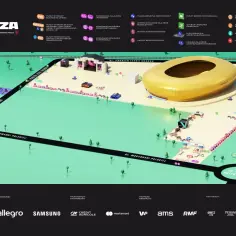 Mapa terenu koncertowego z zaznaczonymi punktami: wejścia, parkingi, punkty gastronomiczne. Plan idealny na dawid podsiadło koncerty 2025!