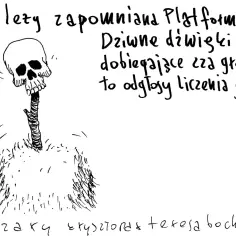 Czerep na kiju, jak krysztopa Cezary, wystaje z kopca. Dziwne dźwięki zza grobu to odgłosy liczenia głosów.