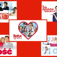Plakaty polskich komedii: "Narzeczony na niby", "Jak poślubić milionera?", "Serce nie sługa", "To musi być miłość" i "Swingersi".
