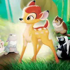 Bambi, urocza bajka o przyjaźni w lesie. Bambi z przyjaciółmi: zajączkami, sową i skunksikiem.