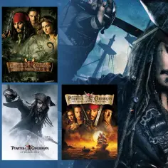 Plakaty filmów z serii Piraci z Karaibów, w tym zwiastun Piraci z Karaibów 6, przedstawiające kapitana Jacka Sparrowa i jego załogę.