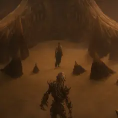 Demogorgon ze Stranger Things w surrealistycznym, zakurzonym krajobrazie, naprzeciwko człowieka.