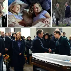 Krew z krwi obsada: smutek, żałoba i rodzinne więzi w serialu. W kadrach widzimy bliskich przytulających się, rozmowy w lesie i wzruszające sceny pogrzebu.