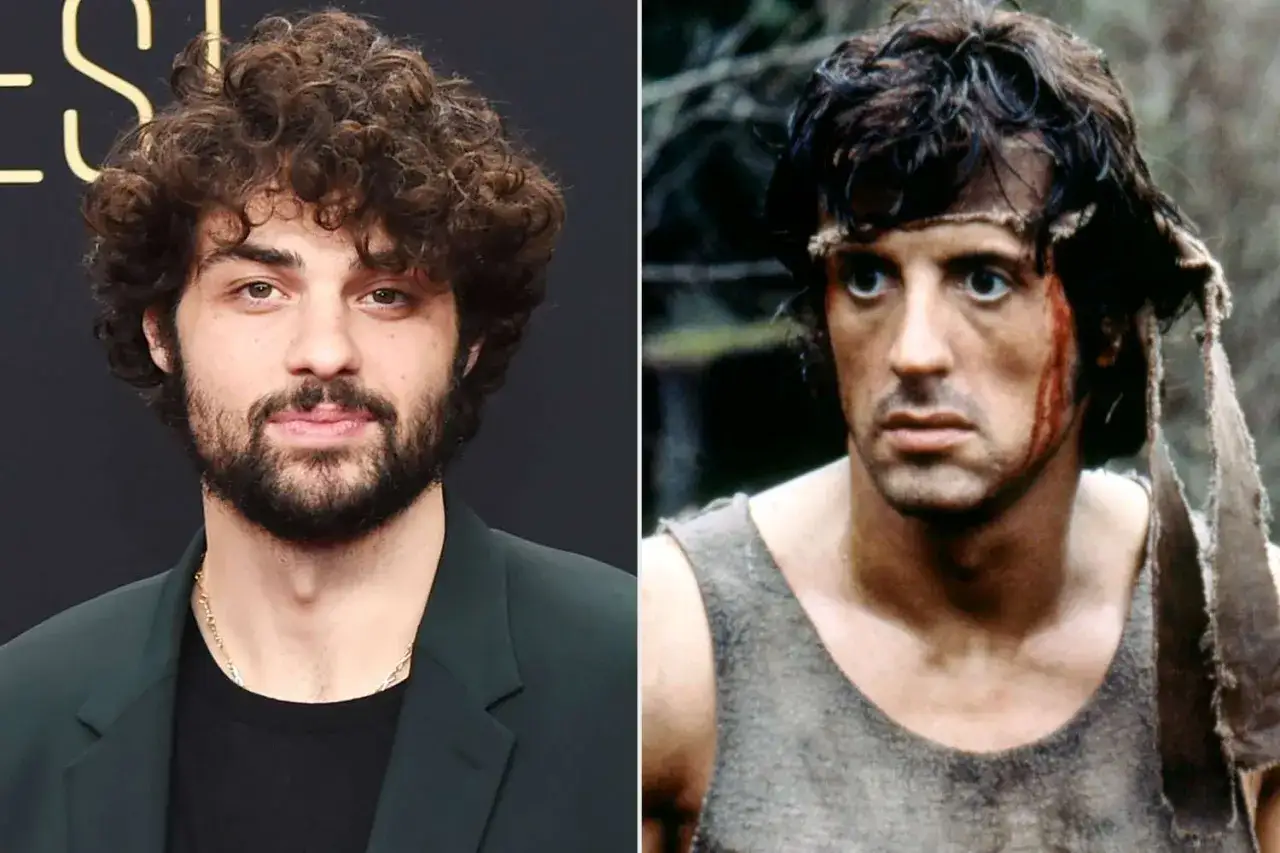 Porównanie aktora z kręconymi włosami i brodą z Sylvestrem Stallone jako Rambo 6.