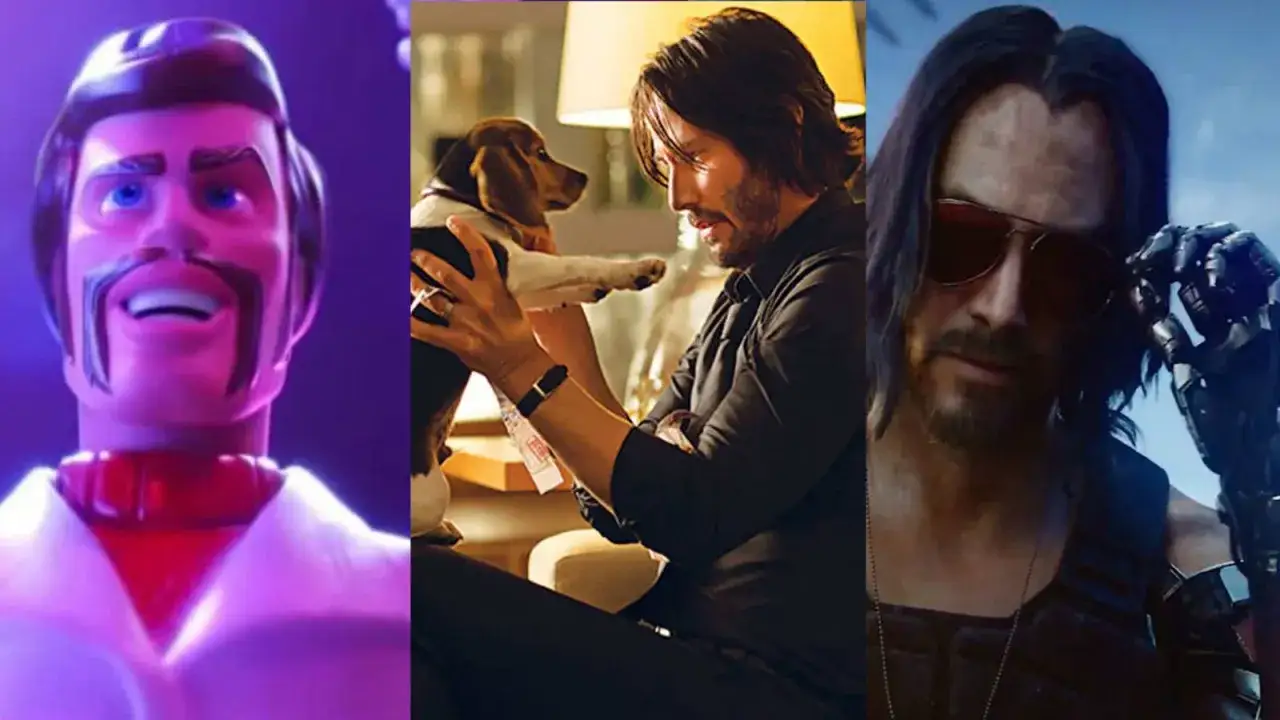 Trzy ujęcia z filmów z Keanu Reevesem: zabawkowy bohater, John Wick z psem i cybernetyczny wojownik.
