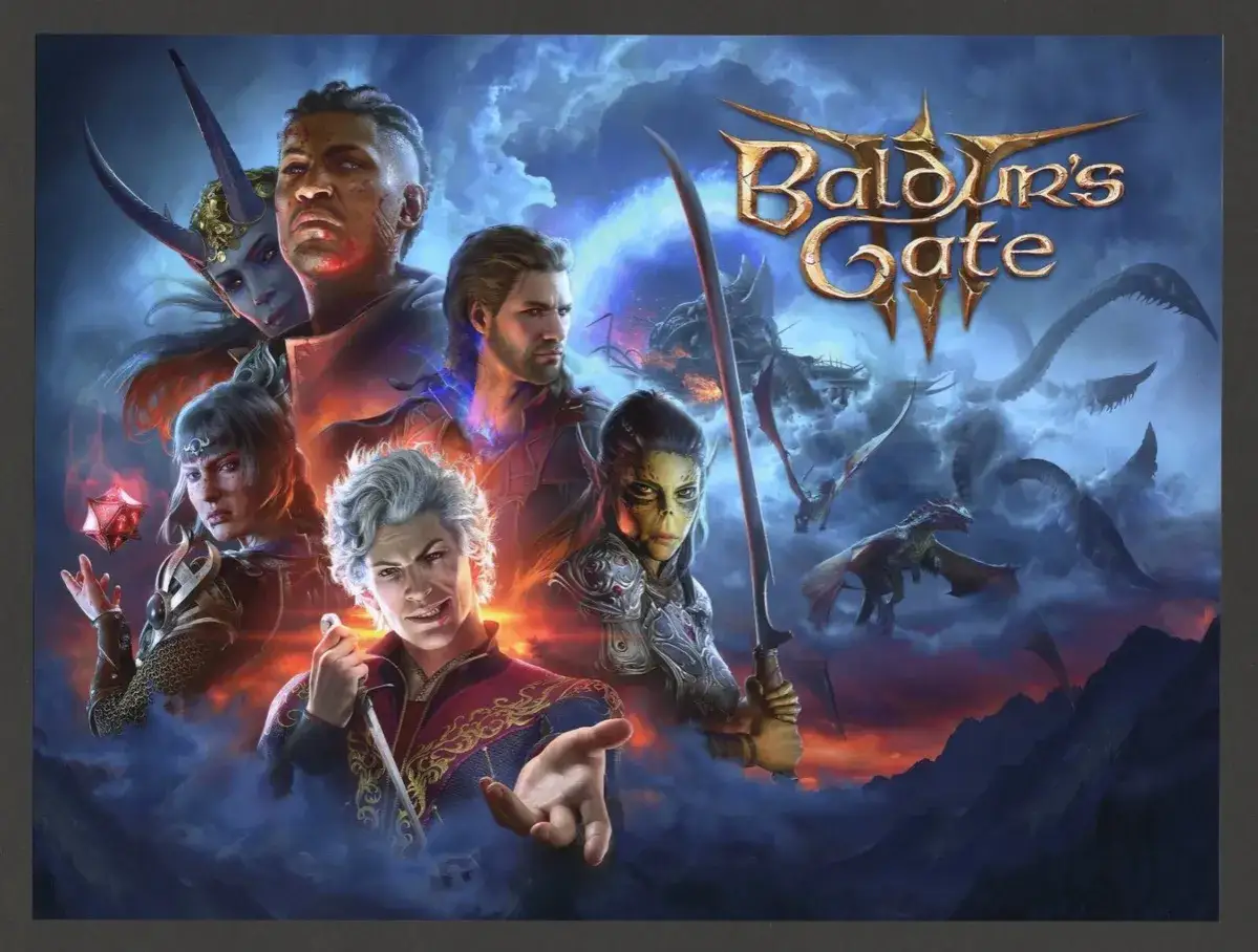 Postaci z Baldur's Gate 3 na tle burzowego nieba, z smokami i potworami w oddali.