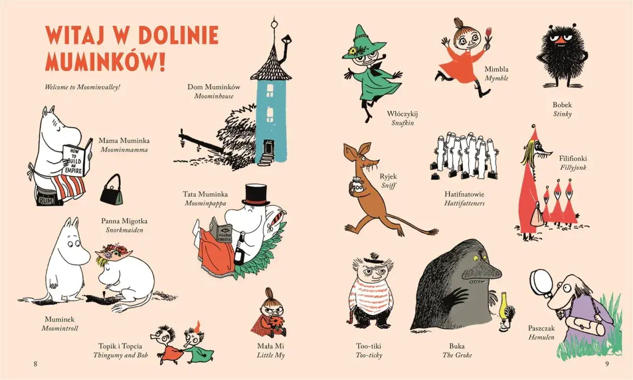 W Dolinie Muminków spotkasz Muminka, Mamę i Tatę Muminka, a także inne znane muminki postacie: Włóczykija, Ryjka, Paszczaka i Bukę.