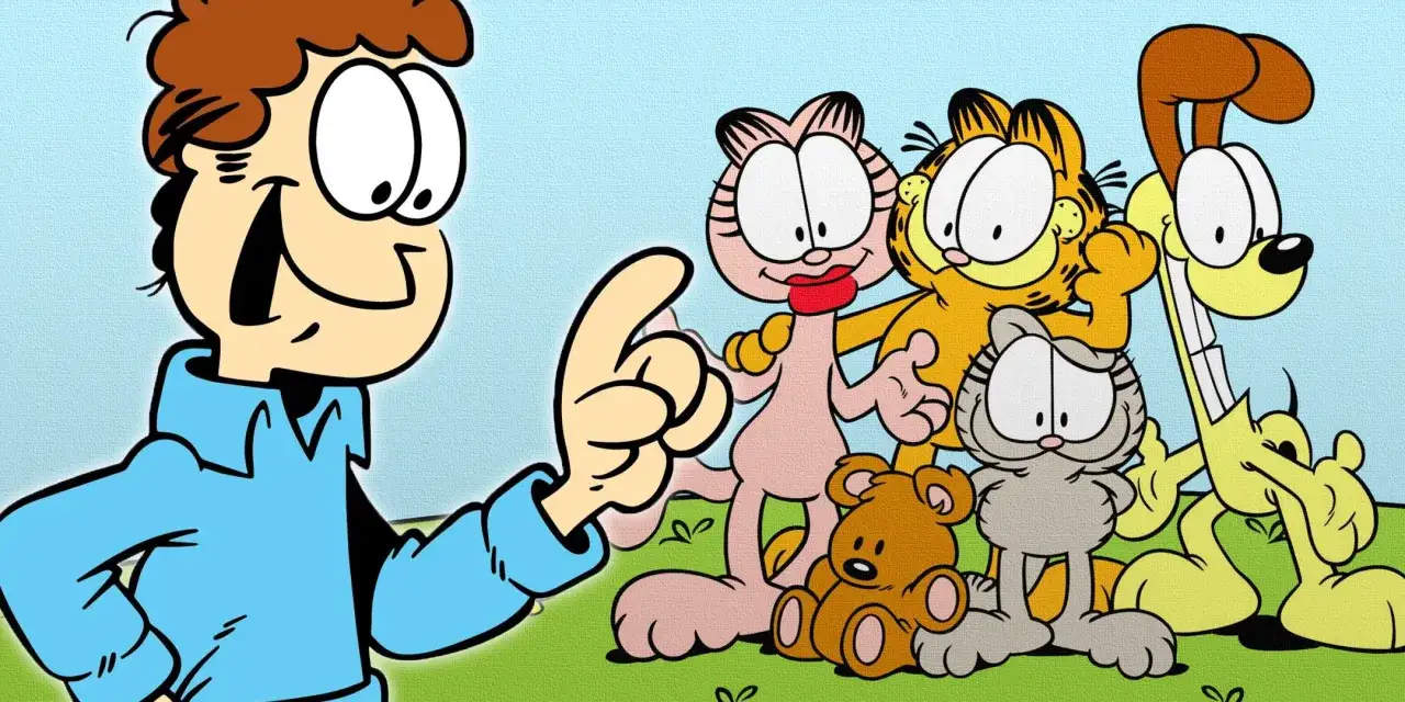 Jon z przyjaciółmi: Arlene, Garfield, Nermal i Odie, pozują do zdjęcia.