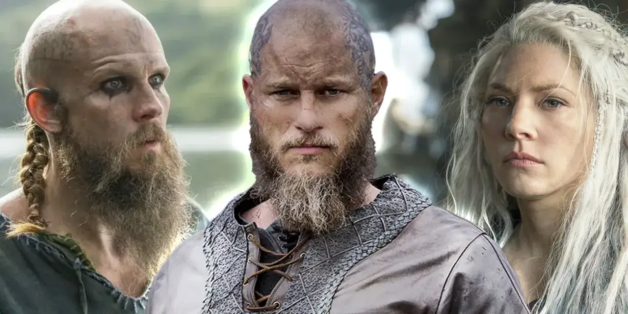 Wikingowie obsada: Ragnar, Lagertha i Floki w zbliżeniu. Ich surowe twarze i wojowniczy wygląd budzą respekt.