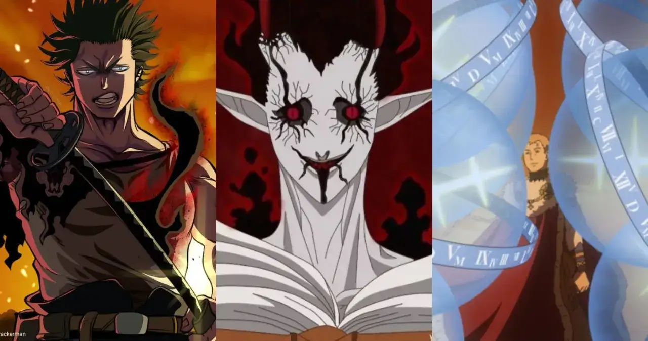 Yami Sukehiro z Black Clover z mieczem, demon z czerwonymi oczami i mężczyzna otoczony magicznymi pierścieniami.