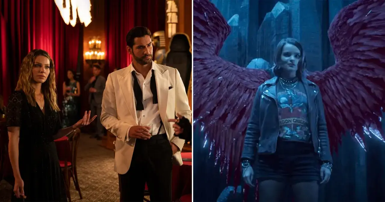 Chloe i Lucifer w eleganckich strojach, obok Rory z mrocznymi skrzydłami. Sceny z lucyfer sezon 6.