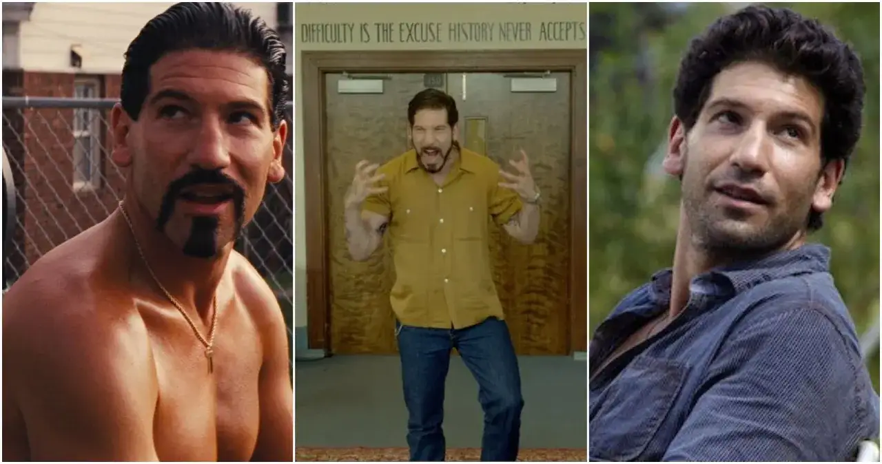 Jon Bernthal w kadrach z filmów i seriali. W środku w żółtej koszuli, po bokach w różnych stylizacjach.