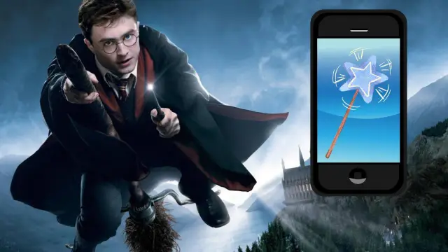 Harry Potter na miotle, rzucający zaklęcie **lumos maxima**. Obok telefon z magiczną różdżką.