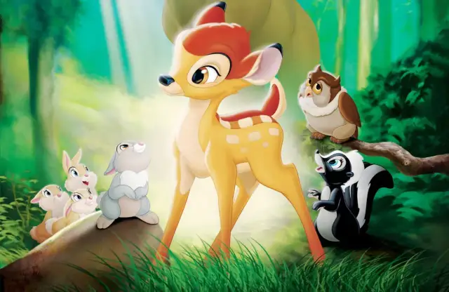Bambi, urocza bajka o przyjaźni w lesie. Bambi z przyjaciółmi: zajączkami, sową i skunksikiem.